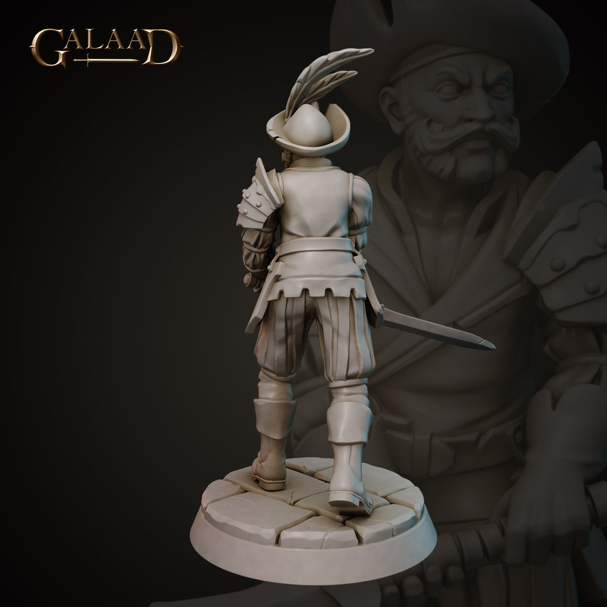 Rear view of the same unpainted grey resin mercenary miniature by Galaad Miniatures, showing the feathered tricorne hat from behind, riveted pauldron on the right shoulder, layered fabric tassets at the waist, and the long sword visible at his side. Cobblestone round base. 32mm scale.