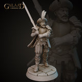 Front view of an unpainted grey resin miniature of a grizzled male mercenary at 32mm scale, wearing a broad-brimmed feathered hat, torso armour with pauldrons, and layered leather skirt, holding a longsword raised across his body in a guarded stance, with a scowling bearded expression, mounted on a cobblestone base — sculpted by Galaad Miniatures