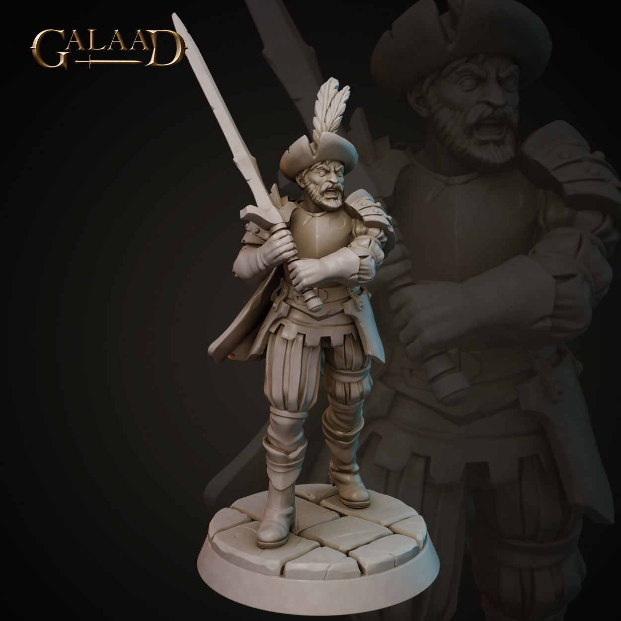 Front view of an unpainted grey resin miniature of a grizzled male mercenary at 32mm scale, wearing a broad-brimmed feathered hat, torso armour with pauldrons, and layered leather skirt, holding a longsword raised across his body in a guarded stance, with a scowling bearded expression, mounted on a cobblestone base — sculpted by Galaad Miniatures