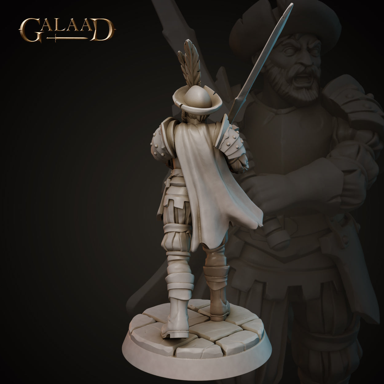 Rear view of the same unpainted grey resin mercenary miniature showing a sweeping travelling cloak, back detail of the armoured pauldrons and leather skirt, feathered hat brim, and longsword raised in the right hand, on a cobblestone base — sculpted by Galaad Miniatures