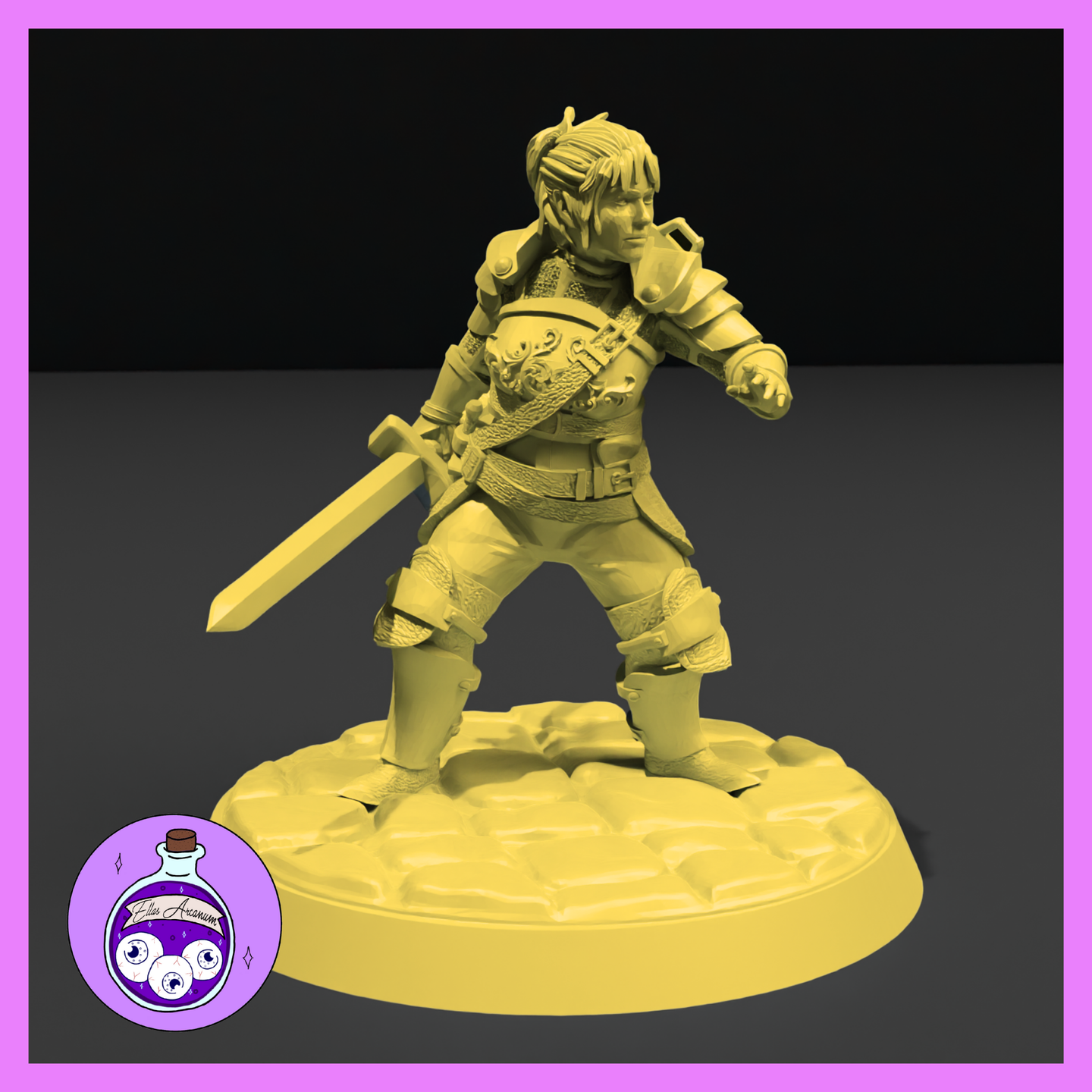 Digital render of an unpainted halfling female mercenary miniature at 32mm scale, shown in a wide combat stance with a broad sword lowered in her right hand and her left hand extended forward. She wears layered pauldrons, an ornate belt strap, studded knee guards, and leather boots, and stands on a sculpted cobblestone base. Watermark for Ella's Arcanum Minis visible in the lower left corner.