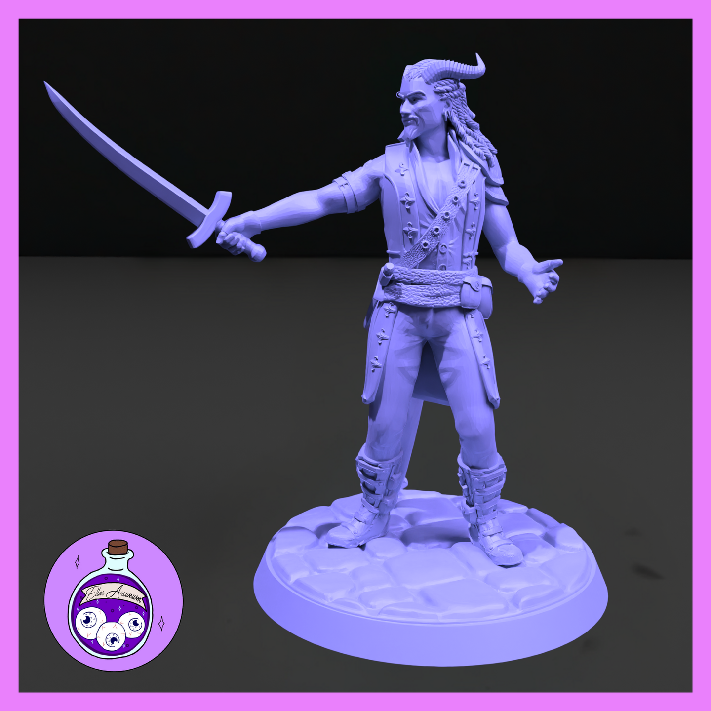 Unpainted lavender resin miniature of a male tiefling mercenary at 32mm scale, posed with sword arm extended forward and opposite hand open at his side. He wears an open long coat with fleur-de-lis detailing, a bandolier of pouches, braided hair with small horns curling back from his forehead, and buckled boots. Mounted on a textured cobblestone round base. Ella's Arcanum Minis logo visible in the lower left corner.