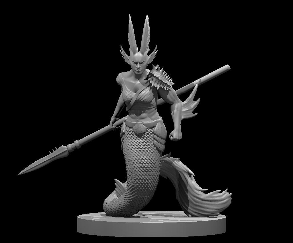 Female merfolk warrior in a low combat stance, gripping a long spear across her shoulders, one fist clenched. Spiked fin crown, jagged pauldron, scaled fish tail. Sculpt by MZ4250.