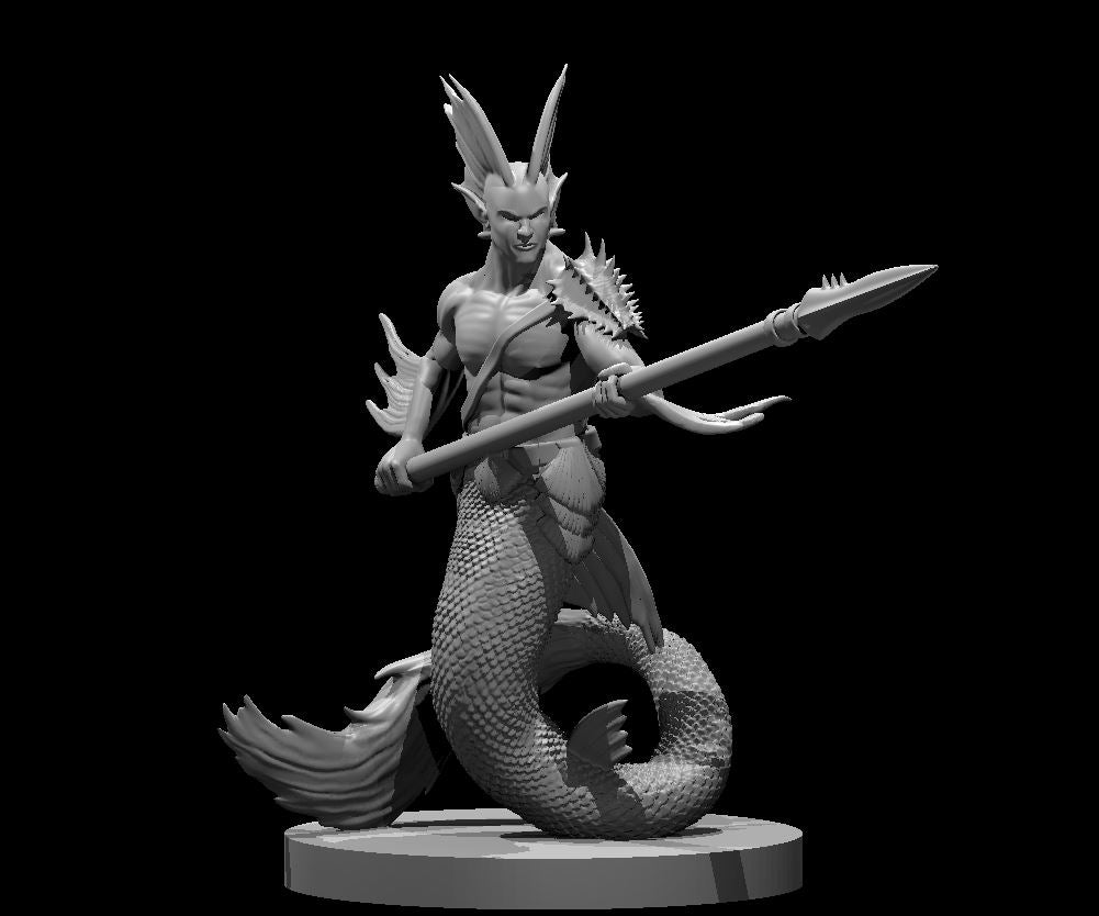 Male merfolk skirmisher holding a long barbed spear at a combat-ready angle, with a coiled scaled tail, spiked shoulder fins, and a crown of jagged dorsal spines. Sculpt by MZ4250.