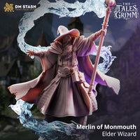 Rear view of a robed wizard in a wide-brimmed hat, showing a detailed capelet and belted longcoat, with swirling magical energy curving around his body. Sculpt by DM Stash.