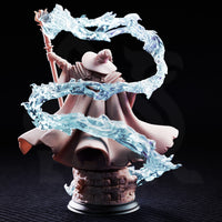 Elder wizard in layered robes and wide-brimmed hat, raising an orb-topped staff while twin arcs of swirling magical energy spiral around him. Sculpt by DM Stash.