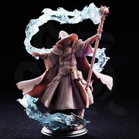 Bearded elder wizard with long flowing hair, staff raised overhead, arcane energy erupting in a large spiral loop from the base upward. Sculpt by DM Stash.