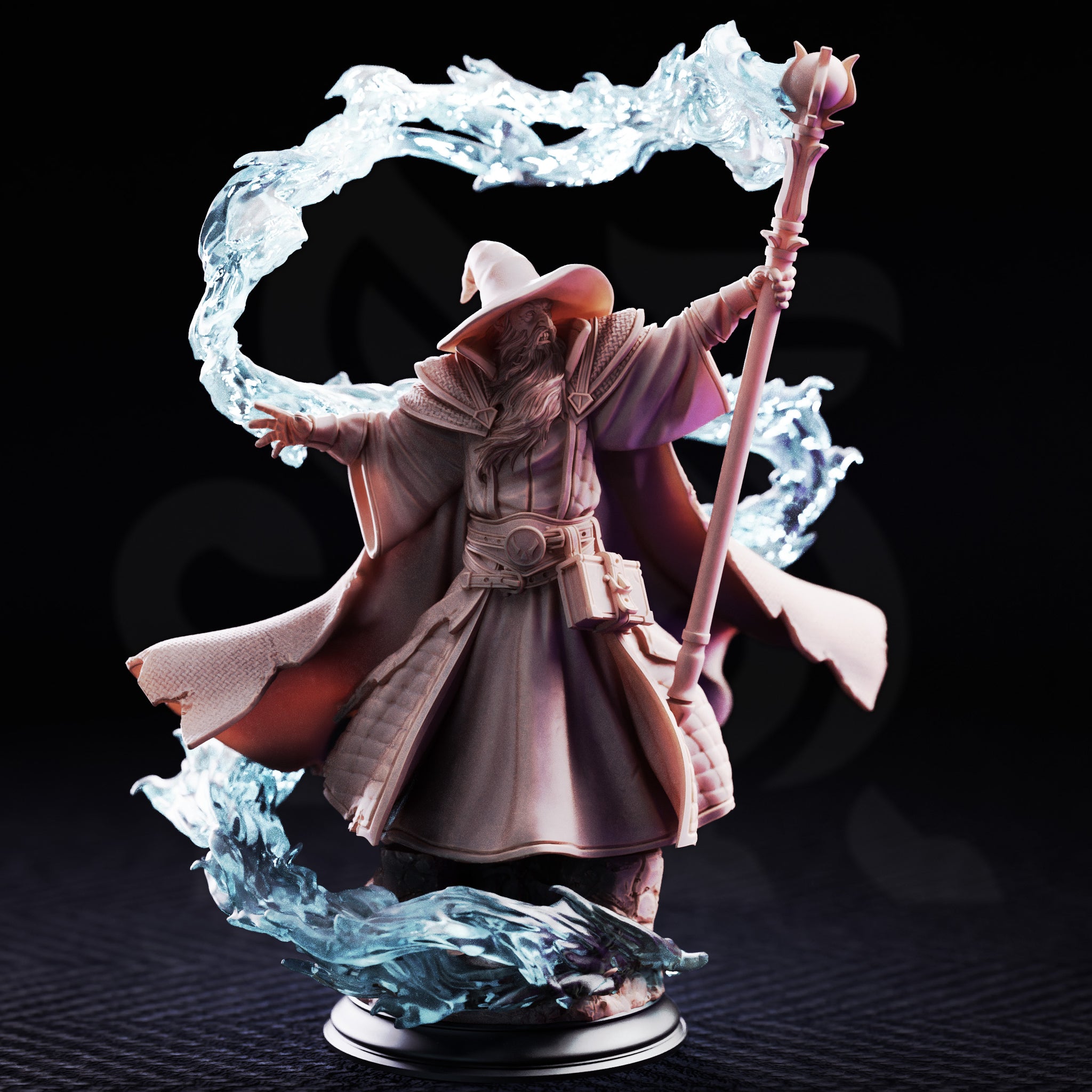 Bearded elder wizard with long flowing hair, staff raised overhead, arcane energy erupting in a large spiral loop from the base upward. Sculpt by DM Stash.