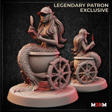 Digital render of the Mermaid Detective miniature by M3DM, showing a mermaid with long flowing hair and a deerstalker cap seated in a wheeled water barrel, holding an open book and feather quill. Two angles shown — front and rear — on a dark textured background. Marked as Legendary Patron Exclusive.