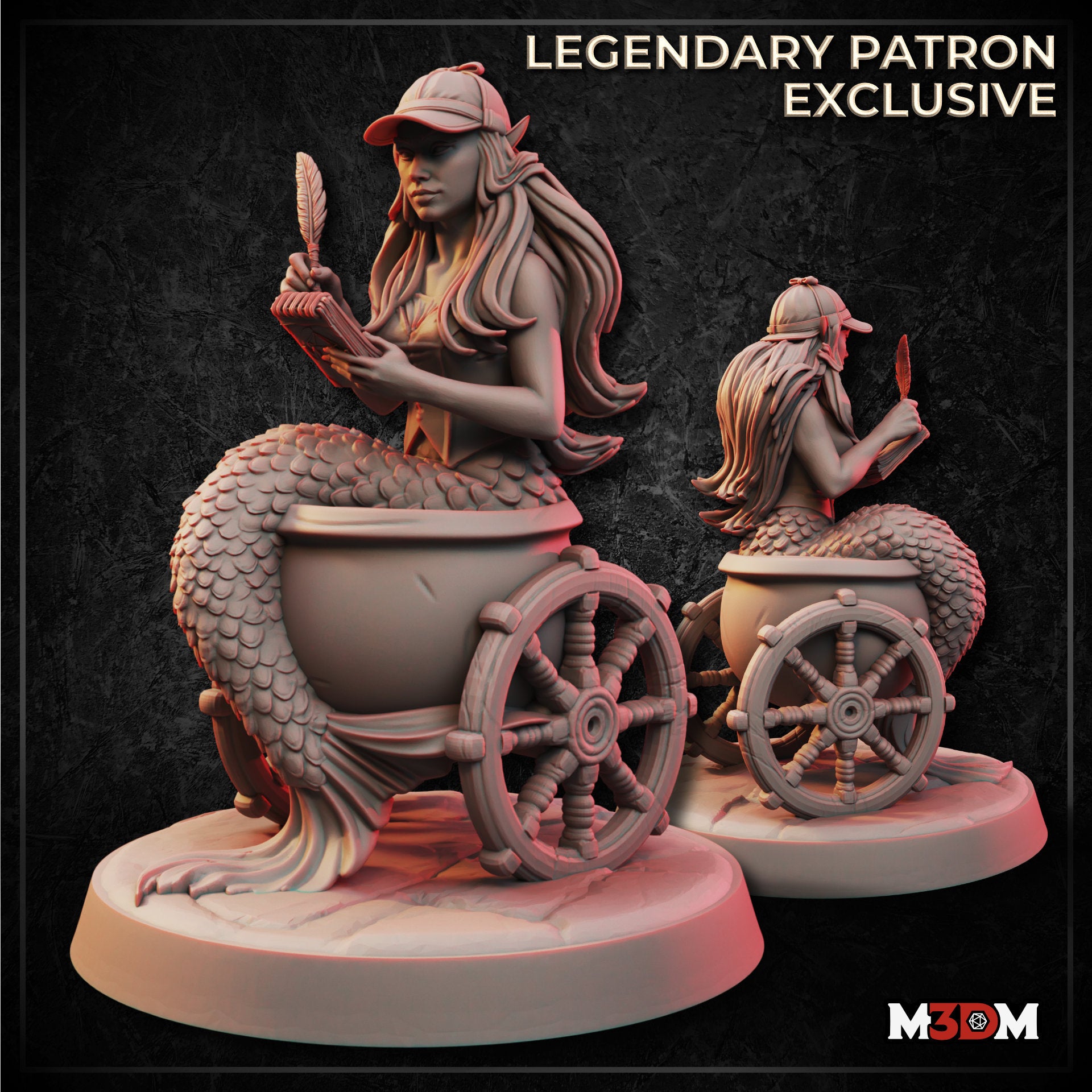 Digital render of the Mermaid Detective miniature by M3DM, showing a mermaid with long flowing hair and a deerstalker cap seated in a wheeled water barrel, holding an open book and feather quill. Two angles shown — front and rear — on a dark textured background. Marked as Legendary Patron Exclusive.