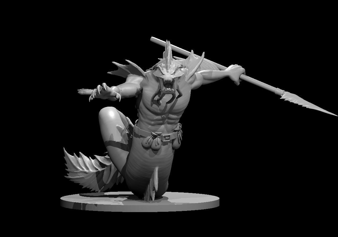 Muscular horned aquatic creature lunging forward, one clawed hand outstretched and the other thrusting a long barbed spear, snarling jaw agape, dorsal spines along the back, spiked tail trailing behind. Sculpt by MZ4250.