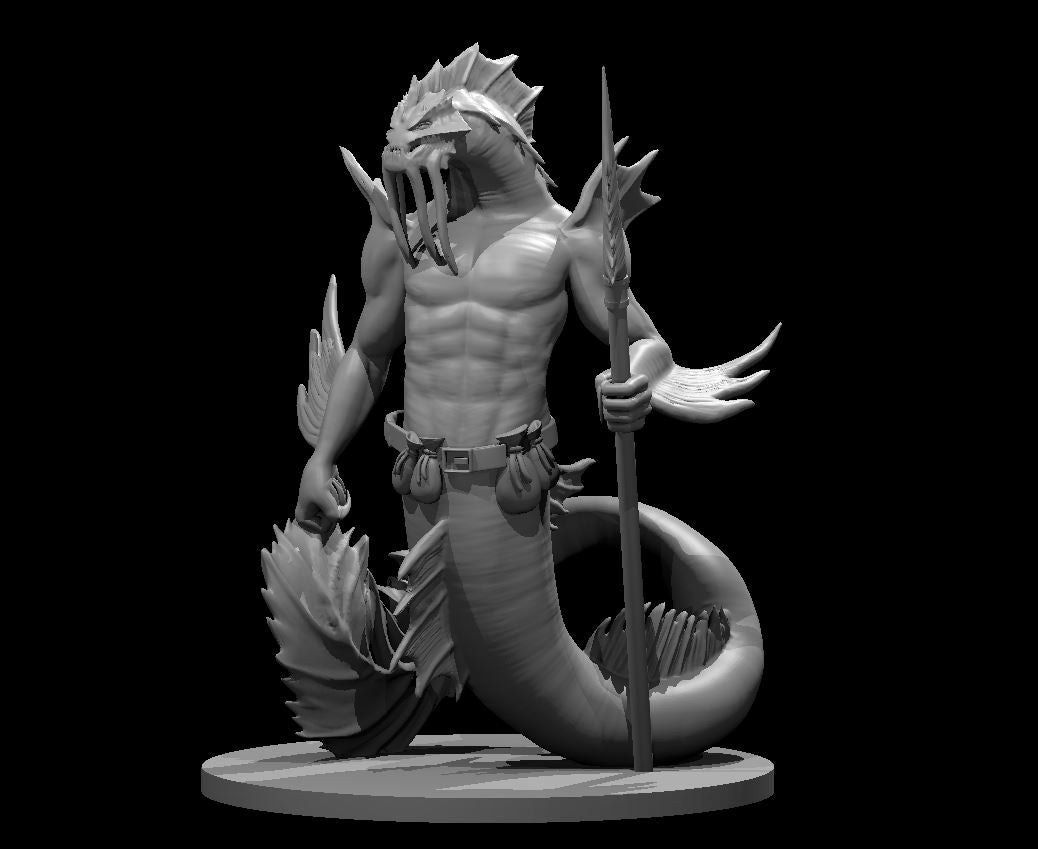 Merrow warrior miniature by MZ4250 — muscular serpentine humanoid coiled on a round base, holding a long bone spear, wearing a crested draconic helmet with fin-like ridges and a utility belt at the waist.