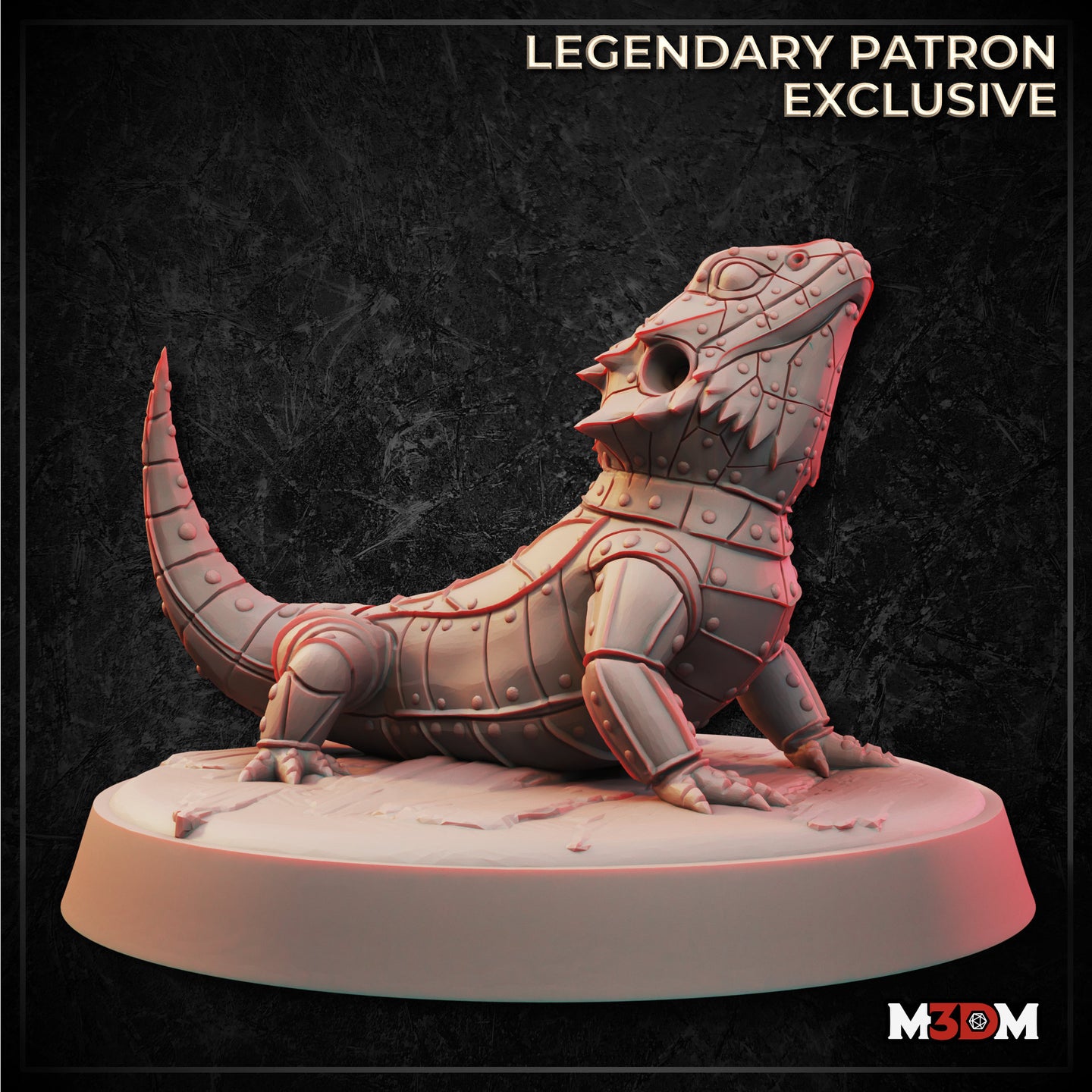 Digital render of the Metalforged Bearded Dragon familiar miniature from M3DM, showing a bearded dragon sculpted in layered armour plating with riveted joints, a studded collar, and segmented mechanical legs. The creature is posed in a classic bearded dragon alert posture on a plain round base, rendered in warm grey against a dark textured background. Labelled as a Legendary Patron Exclusive.