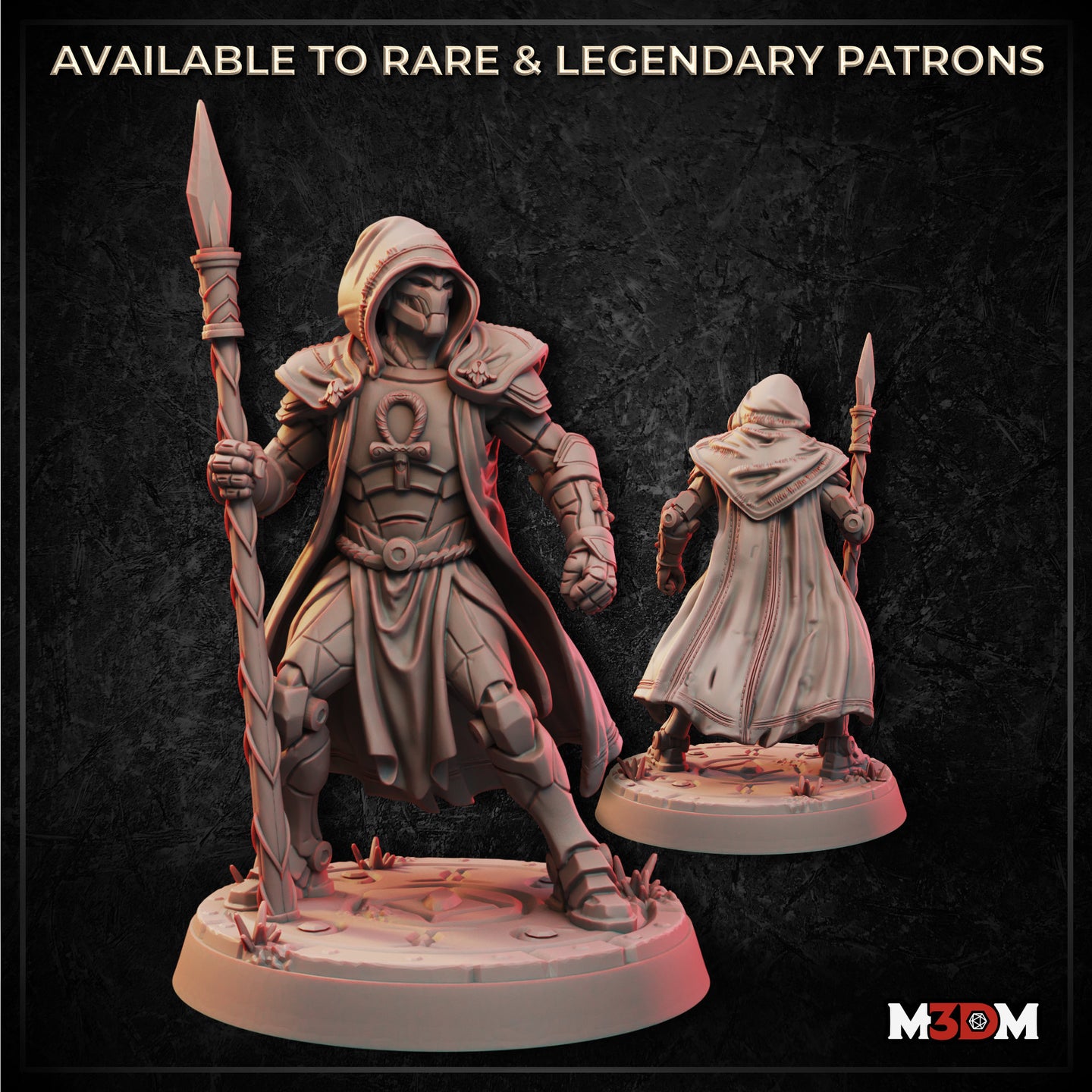 Digital render of the Metalforged Grave Cleric miniature showing front and rear views — a hooded construct in layered armour bearing an ankh on its breastplate, wielding a tall twisted spear-staff, with articulated mechanical limbs visible beneath a flowing cloak, mounted on a detailed rocky base at 32mm scale