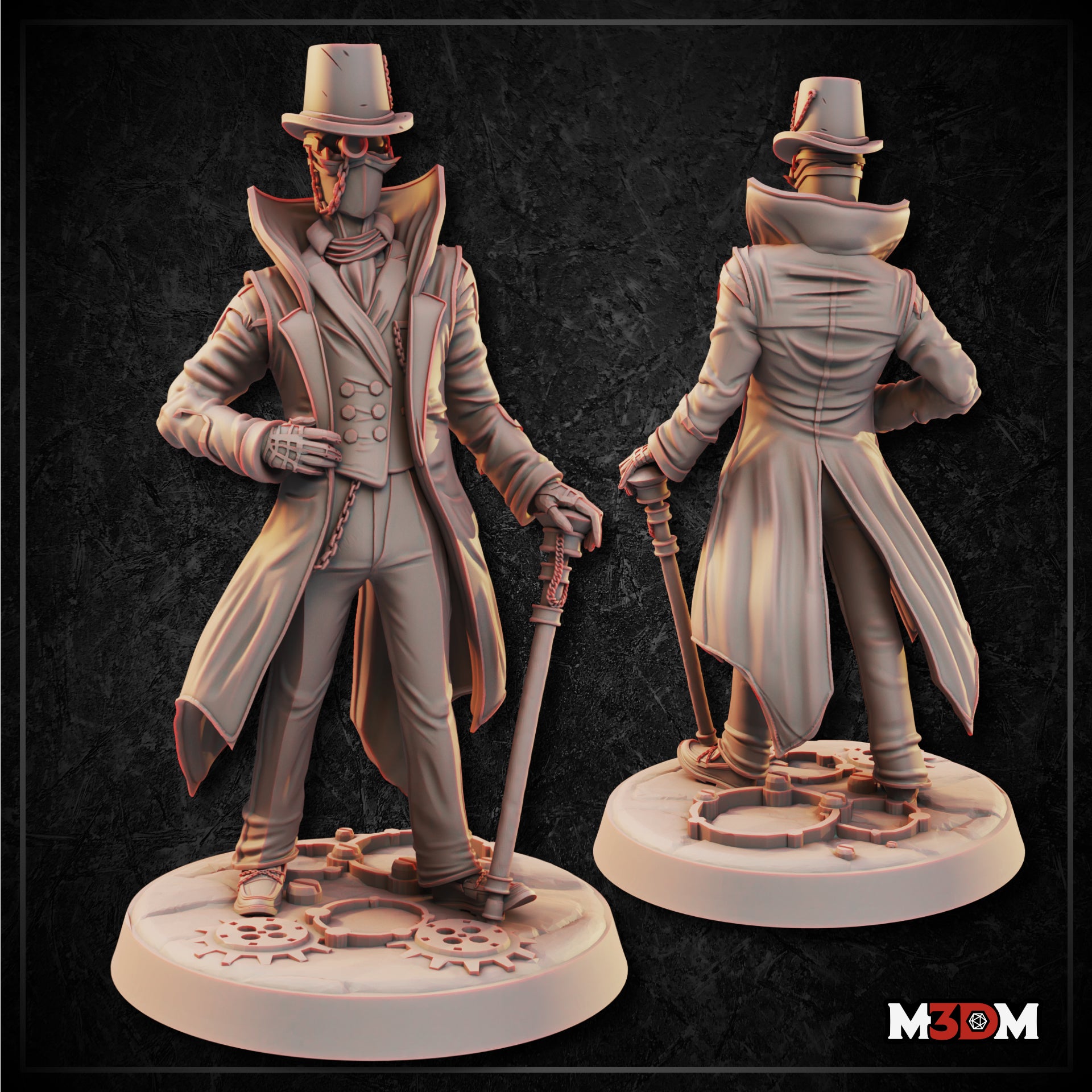 Metalforged Viscount Nobleman by Mia Kay M3DM — a tall construct figure in a long double-breasted greatcoat and stovepipe hat, holding an ornate cane, wearing a beaked brass mask with chain detail at the collar, standing on a sculpted gear-covered base.
