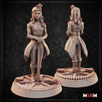 Metalforged Viscountess Noblewoman by Mia Kay M3DM — front and rear views of a composed female figure in a segmented corset and split longcoat, hands clasped on a slender cane, wearing a tiny gear-topped hat, standing on a gear-toothed base with sculpted roses.