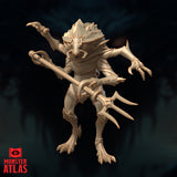 Unpainted resin digital render of a Mezzoloth miniature by Monster Atlas — three-quarter view showing insectoid fiend with spiked dorsal crest, multi-pronged trident held diagonally, and one clawed arm raised, angular armour plating visible across chest and greaves