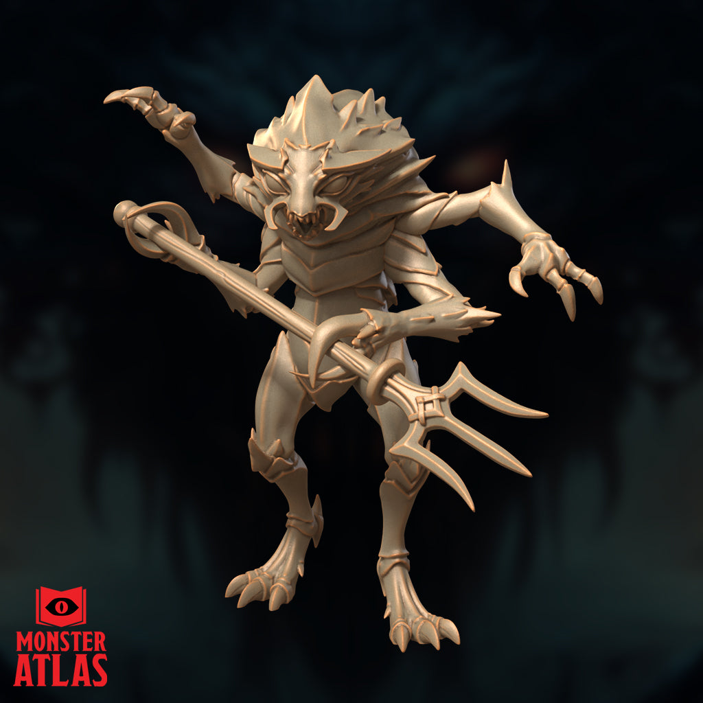 Unpainted resin digital render of a Mezzoloth miniature by Monster Atlas — three-quarter view showing insectoid fiend with spiked dorsal crest, multi-pronged trident held diagonally, and one clawed arm raised, angular armour plating visible across chest and greaves