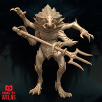 Unpainted resin digital render of a Mezzoloth miniature by Monster Atlas — straight-on front view showing full breadth of the spiked silhouette, ornate trident with lateral blades held across body, scaled armour and lupine face with jagged crown spines clearly visible