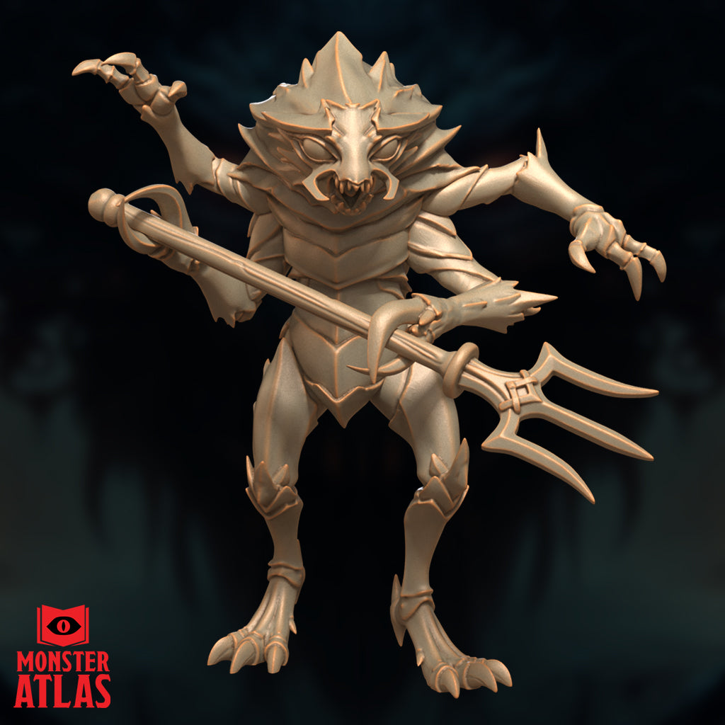 Unpainted resin digital render of a Mezzoloth miniature by Monster Atlas — straight-on front view showing full breadth of the spiked silhouette, ornate trident with lateral blades held across body, scaled armour and lupine face with jagged crown spines clearly visible
