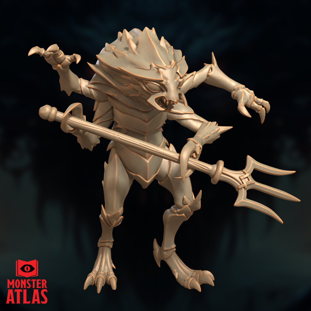 Unpainted resin digital render of a Mezzoloth miniature by Monster Atlas — low-angle view emphasising the reach of the multi-pronged trident, broad digitigrade legs with multi-taloned feet, and the aggressive forward lean of the sculpt
