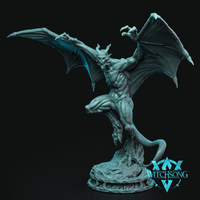 Digital render of a winged devil miniature by Witchsong Miniatures — lean horned figure mid-lunge with vast membrane wings fully spread, taloned hands reaching forward, and a barbed tail coiling beneath it on a rocky base, printed in grey resin at 32mm scale