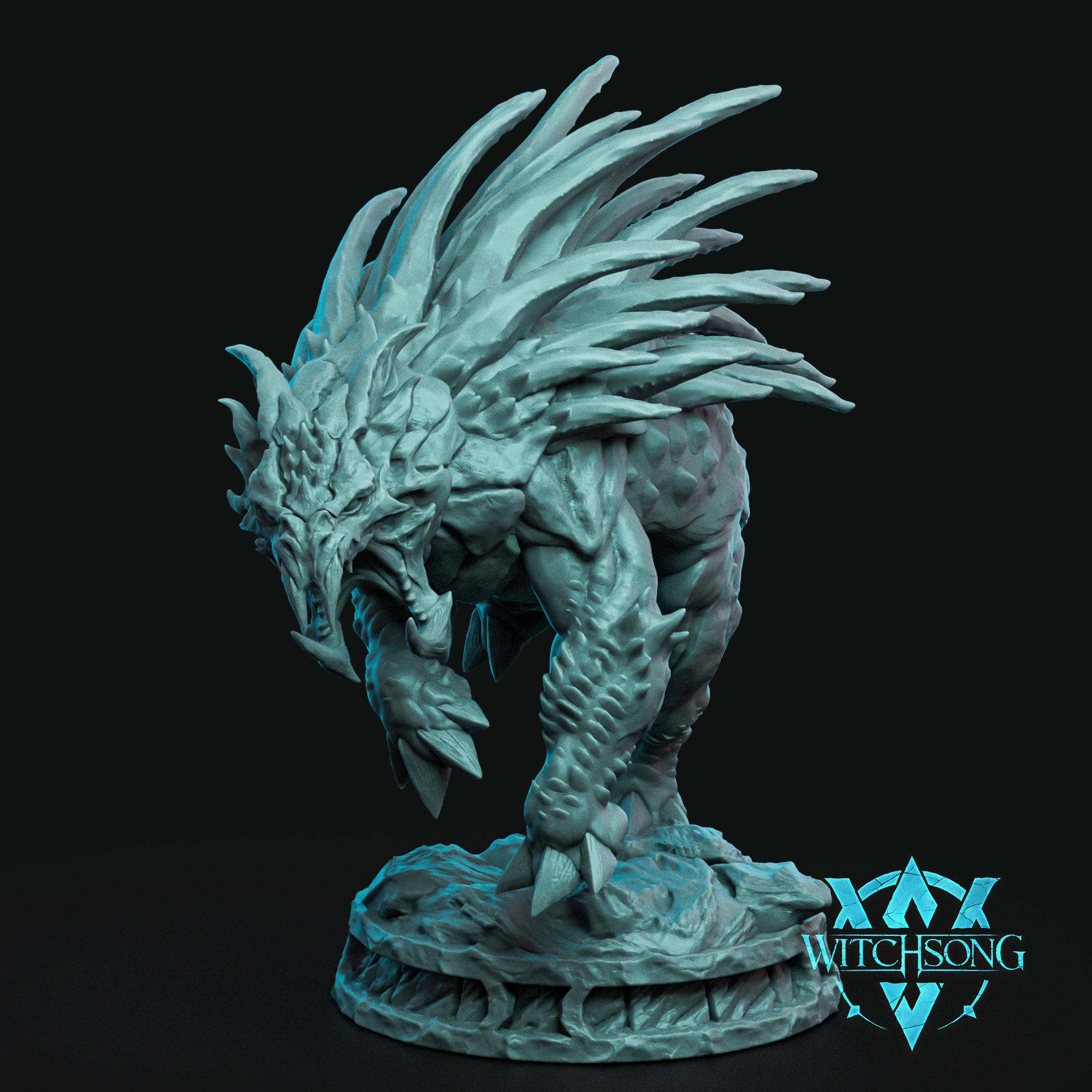 Digital render of the Minion of the Goddess Lilith 03 miniature by Witchsong Miniatures — an unpainted teal resin sculpt showing a large coiled fiend with a dramatic fan of blade-like spines arching overhead, scaled reptilian body, clawed limbs, and a lowered horned head with parted jaws, mounted on a textured 80mm round base