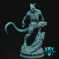 Digital render of the Minion of the Goddess Lilith 04 miniature by Witchsong Miniatures — an unpainted teal resin-style sculpt of a lean, horned devil mid-lunge, with swept-back horns, a snarling fanged face, a long curved tail, and one taloned foot raised on a jagged rocky base