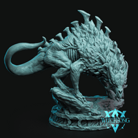 Digital render of the Minion of the Goddess Lilith 05 resin miniature by Witchsong Miniatures — an unpainted grey creature with a spiked, scale-covered back, exposed musculature, a rune-carved whip-like tail, and a skull-like lowered head, posed in a lunging charge atop a rocky scenic base