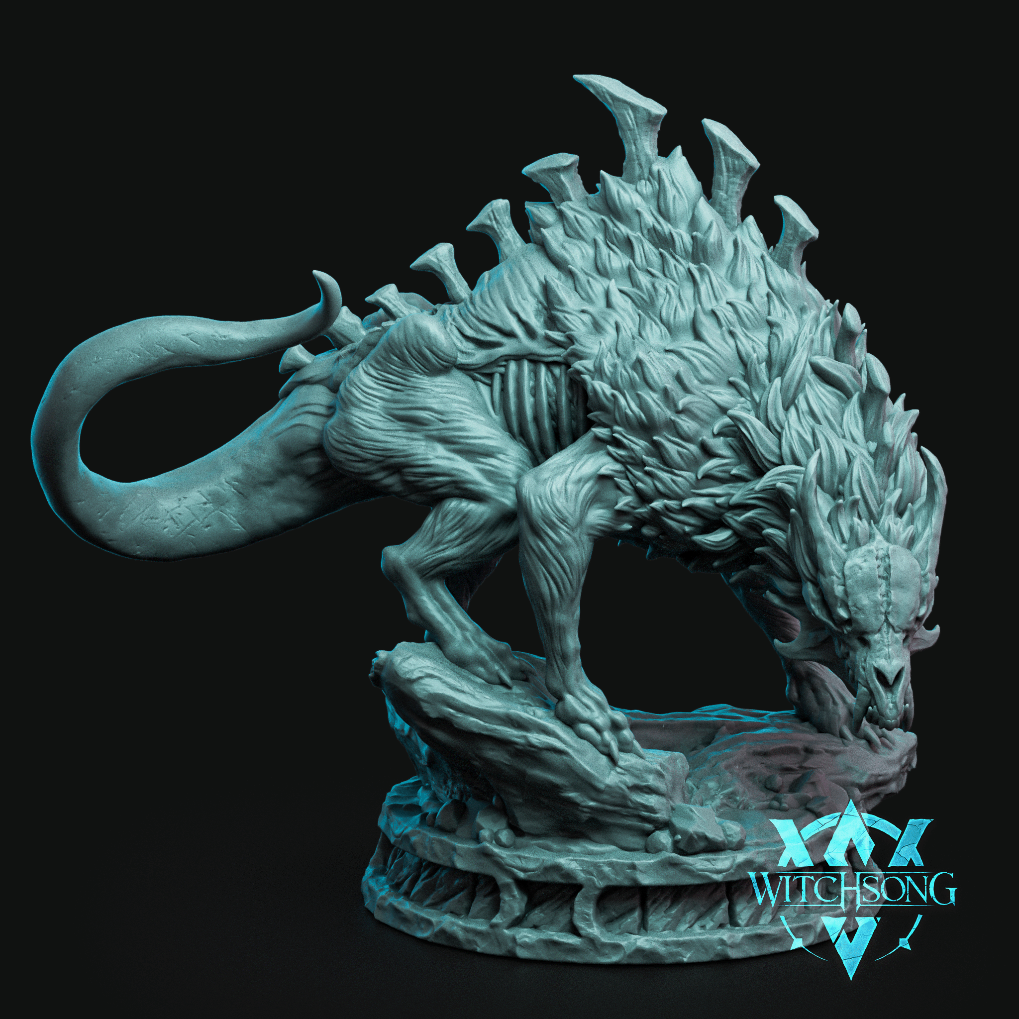 Digital render of the Minion of the Goddess Lilith 05 resin miniature by Witchsong Miniatures — an unpainted grey creature with a spiked, scale-covered back, exposed musculature, a rune-carved whip-like tail, and a skull-like lowered head, posed in a lunging charge atop a rocky scenic base