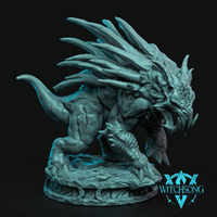 Digital render of a heavily armoured beast miniature by Witchsong Miniatures — low-slung creature with a skull-plated head, large fan of jagged dorsal spines, and wide-open jaws crouched over a detailed rocky base, printed in grey resin at 32mm scale