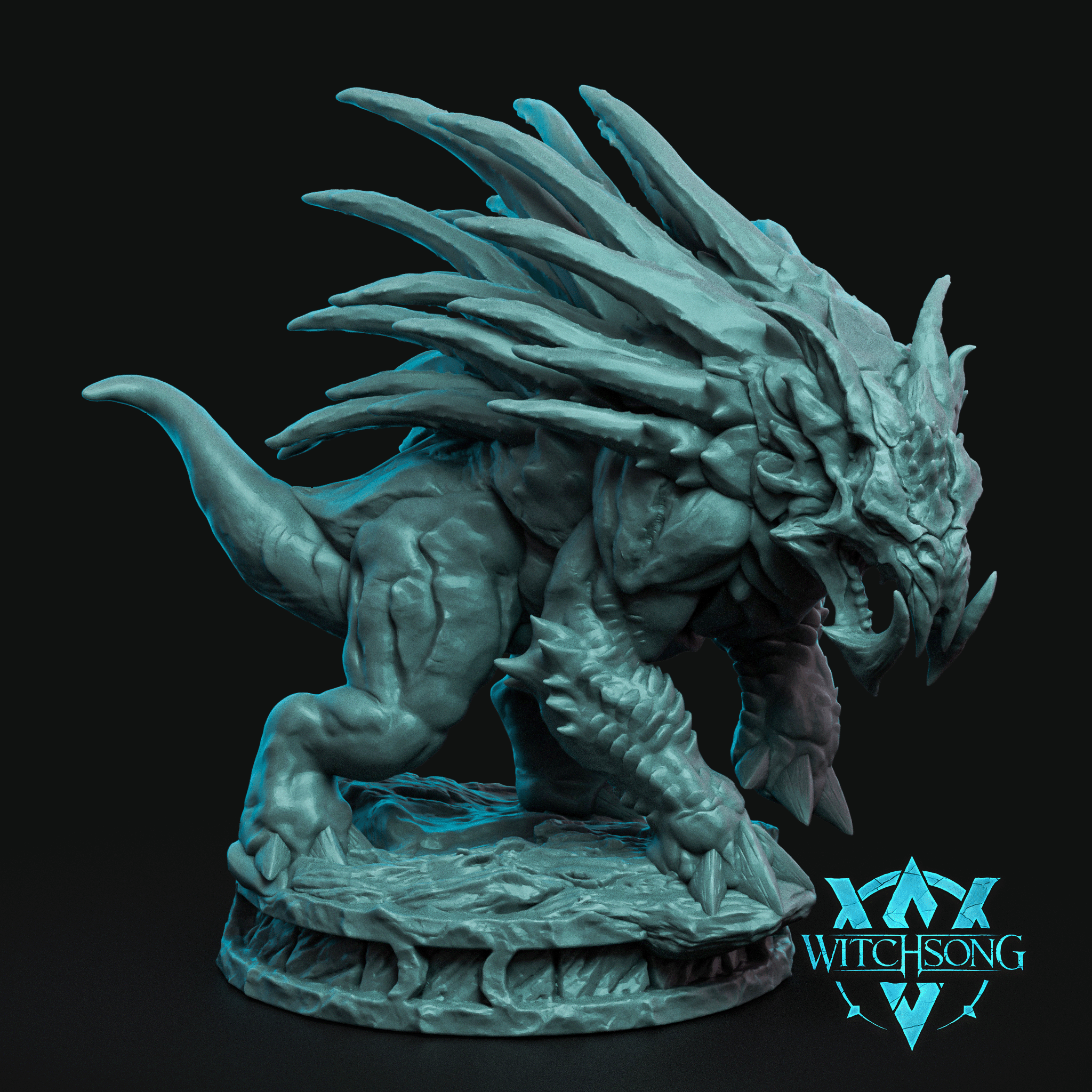 Digital render of a heavily armoured beast miniature by Witchsong Miniatures — low-slung creature with a skull-plated head, large fan of jagged dorsal spines, and wide-open jaws crouched over a detailed rocky base, printed in grey resin at 32mm scale