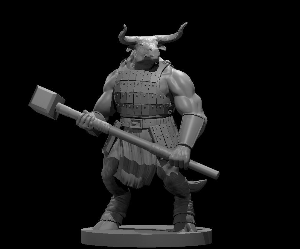 Grey resin digital render of a minotaur male barbarian miniature at 32mm scale, wearing segmented plate armour with a broad belt and bracers, holding a large maul diagonally across the body in a wide combat stance, with raised horned head and hooved feet on a round base