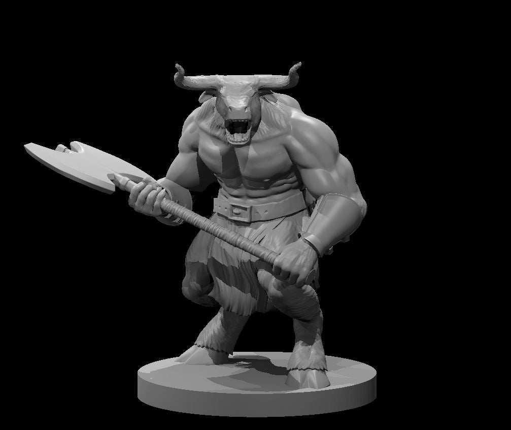 Grey resin digital render of a male minotaur barbarian miniature at 32mm scale, posed in a forward charge with a wide-bladed great axe held low across the body, mouth open in a roar, wearing a leather belt and loincloth, mounted on a round base