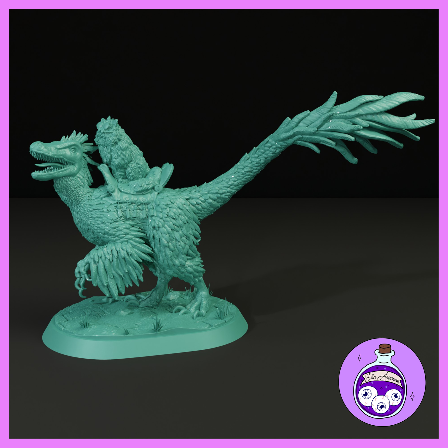 Unpainted teal resin display miniature of Mongo with Princess Donut riding at 1:12 scale — a feathered raptor dinosaur in full stride with a fluffy Persian cat mounted on his back in a custom saddle, both rendered in exceptional detail. Sculpted by Ella's Arcanum Minis.