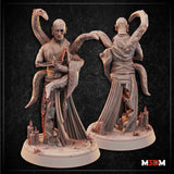 Bald, gaunt humanoid figure in flowing robes with hands pressed together in prayer, two thick barbed tentacles rising behind and around the body, candles on the decorative base. Sculpt by Mia Kay M3DM.
