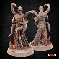 Bald, gaunt humanoid figure in flowing robes with hands pressed together in prayer, two thick barbed tentacles rising behind and around the body, candles on the decorative base. Sculpt by Mia Kay M3DM.