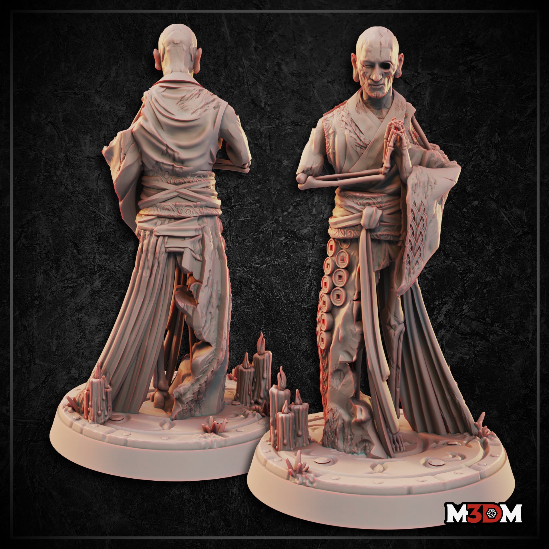 Gaunt bald monk holding bone divining rods and a torn scroll, wearing layered robes with coin medallions on the sash; base scattered with melted candles. Sculpt by Mia Kay M3DM.