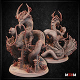 Serpentine Moon Dragon miniature by Mia Kay M3DM, coiled upright around torii gate pillars with horned head raised and whiskers flowing, detailed scale texture across full body, crystalline scatter on base.