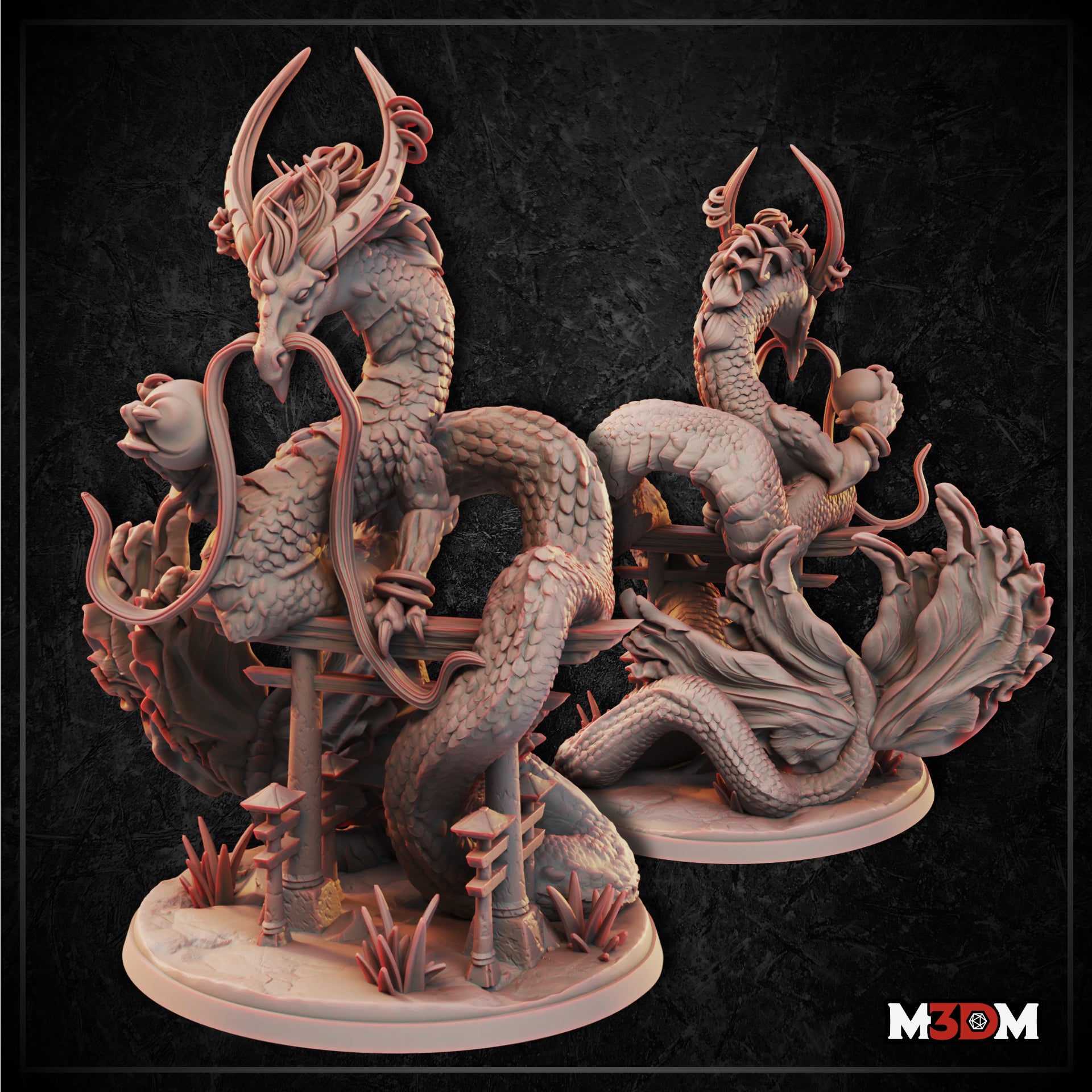 Serpentine Moon Dragon miniature by Mia Kay M3DM, coiled upright around torii gate pillars with horned head raised and whiskers flowing, detailed scale texture across full body, crystalline scatter on base.
