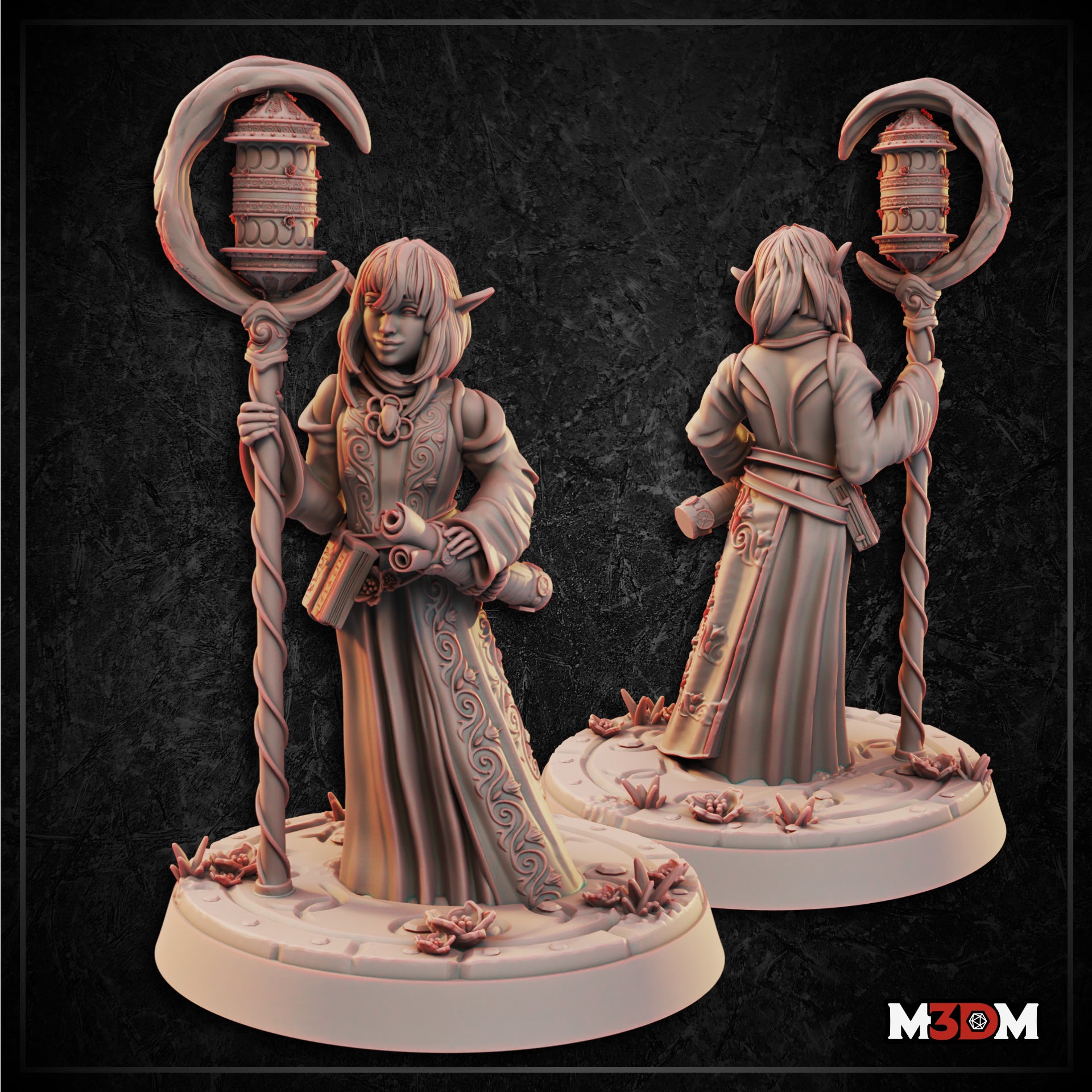 Young moon elf cleric standing upright, holding a tall twisted staff topped with a crescent moon frame and tiered lantern, clutching a scroll and tome to her chest, wearing long embroidered robes with floral detailing and a sash. Crystal and floral scatter base. Sculpt by Mia Kay M3DM.