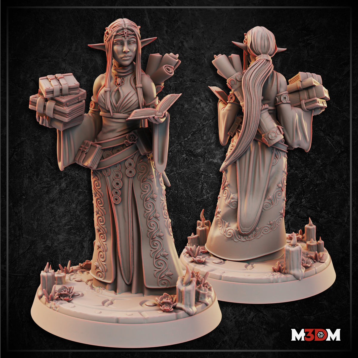 Moon Elf Librarian Cleric by Mia Kay M3DM — standing figure holding an open book, with a scroll in one hand and a stack of tomes cradled at her side, wearing ornately detailed robes with floral scrollwork, long straight hair and a delicate tiara, base scattered with candles and crystal formations.