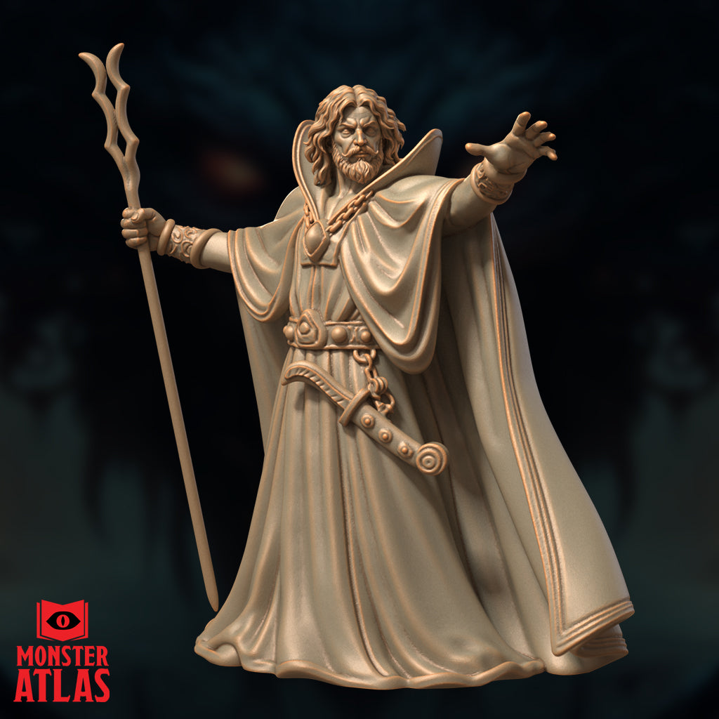 32mm resin miniature of a bearded male archmage in flowing robes, holding a forked staff in his left hand with his right arm outstretched, viewed from the front — unpainted tan resin render by Monster Atlas