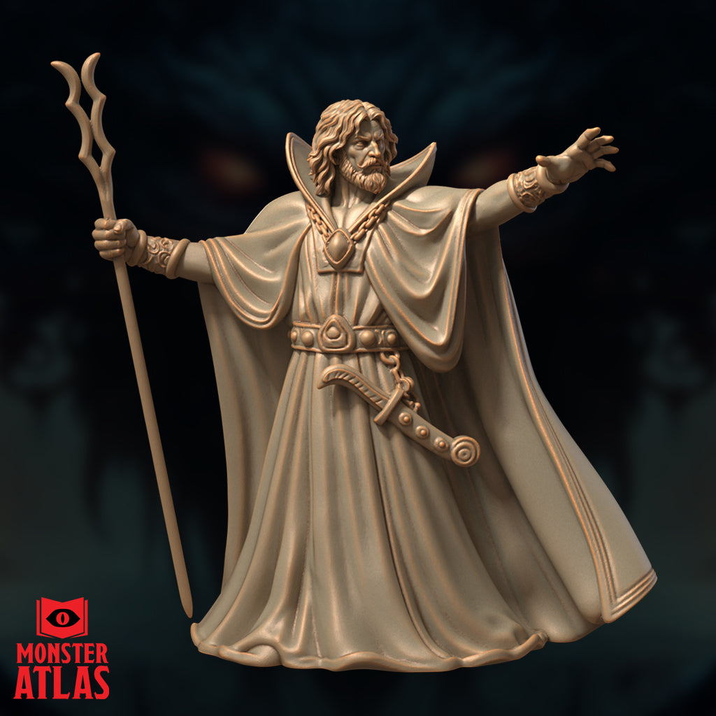 Front-facing render of a robed wizard miniature with a raised collar cloak, decorative chains, studded belt, and ornate short blade at his hip, arms spread wide — 32mm scale unpainted resin by Monster Atlas