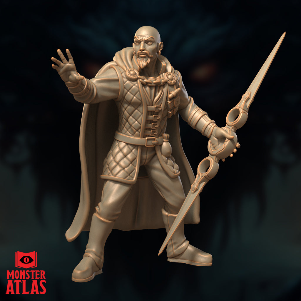 Bald bearded archmage miniature raising one open hand in a spellcasting gesture, holding an ornate ring-guard longsword at his side, wearing a quilted greatcoat and sweeping cape. Sculpt by Monster Atlas.