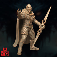 Bald bearded archmage with a runic brow marking, fingers splayed in mid-incantation, gripping an elaborate ring-and-orb crossguard blade, dressed in a diamond-quilted coat with heavy medallion chain at the collar. Sculpt by Monster Atlas.
