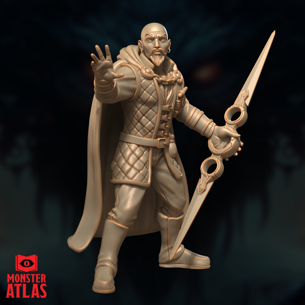 Bald bearded archmage with a runic brow marking, fingers splayed in mid-incantation, gripping an elaborate ring-and-orb crossguard blade, dressed in a diamond-quilted coat with heavy medallion chain at the collar. Sculpt by Monster Atlas.