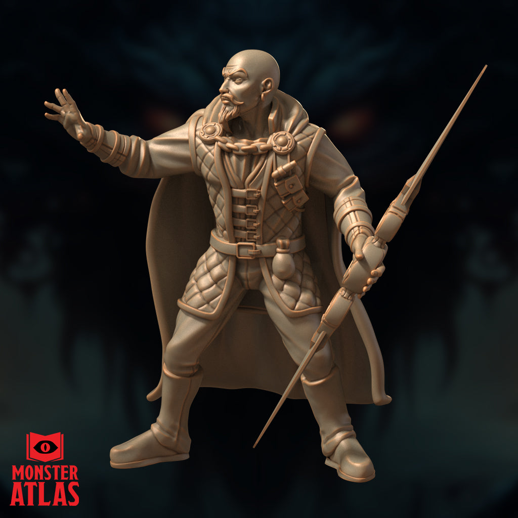 Archmage miniature in wide-legged stance, cape billowing behind, holding a long slender arcane sword loosely at his side with one arm extended outward, quilted coat and belt visible in full. Sculpt by Monster Atlas.
