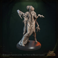 Front-facing digital render of Morgause Lovefeaster miniature by Great Grimoire — an unpainted grey resin figure at 35mm scale. She has braided buns, a gaping toothed jaw, flowing robes, and multiple grasping clawed arms reaching outward in a forward-lunging pose, mounted on a plain round base.