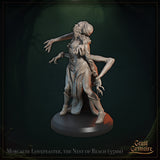Side-angle digital render of Morgause Lovefeaster at 35mm scale — unpainted grey resin. This view shows her head tilted back with the mouth open, multiple clawed arms raised and splayed, and her robes flowing behind her in a twisting, off-balance stance on a round base.